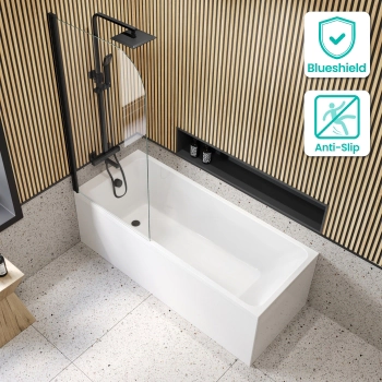 Witney 1700x700 Square Shower Bath & 6mm Easy Clean Matt Black Bath Screen
