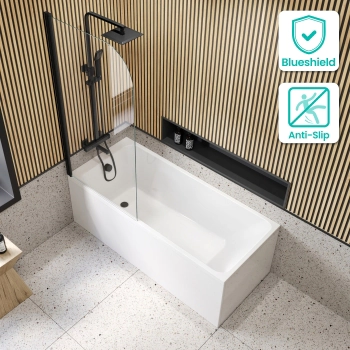 Witney 1500x700 Square Shower Bath & 6mm Easy Clean Matt Black Bath Screen