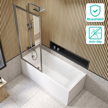 Witney 1500x700 Square Shower Bath & Premium 8mm Easy Clean Brushed Gunmetal Framed Bath Screen