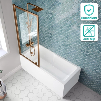 Antigua 1500x750 Keyhole Shower Bath & Premium 8mm Easy Clean Brushed Copper Framed Bath Screen