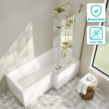 Brixton L Shaped 1700 Shower Bath & 6mm Easy Clean Brushed Brass Folding Bath Screen - Right Handed