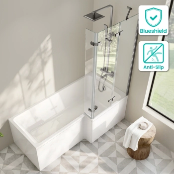 Brixton L Shaped 1700 Shower Bath & 6mm Easy Clean Brushed Gunmetal Folding Bath Screen - Right
