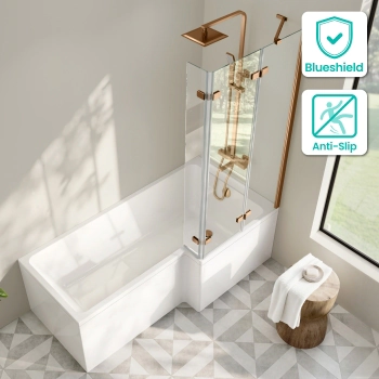 Brixton L Shaped 1700 Shower Bath & 6mm Easy Clean Brushed Copper Folding Bath Screen - Right Handed