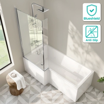 Brixton L Shaped 1700 Shower Bath with Front Panel & 6mm Chrome Easy Clean Screen - Left Handed