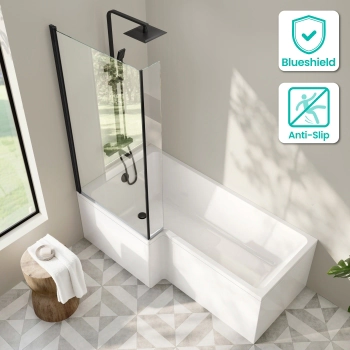 Brixton L Shaped 1700 Shower Bath with Front Panel & 6mm Matt Black Easy Clean Screen - Left Handed