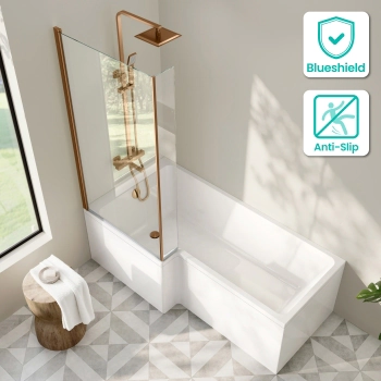 Brixton L Shaped 1700 Shower Bath with Front Panel & 6mm Brushed Copper Easy Clean Screen - Left