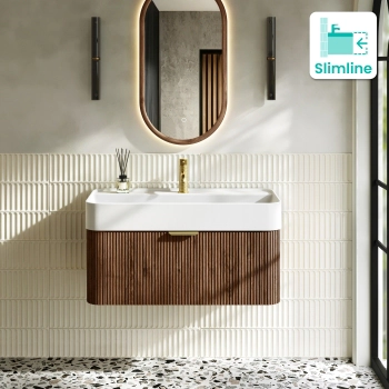 Cayman Natural Walnut Wall Hung Slimline Basin Drawer Vanity 800mm - Brushed Brass Accents