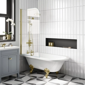 Abingdon 1500 Roll Top Shower Bath - Brushed Brass Ball Feet & 6mm Brushed Brass Bath Screen