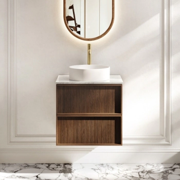 Bora Natural Walnut Wall Hung Vanity Drawer with Carrara Marble Top 600mm - Basin Not Included